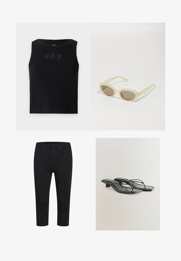Top de tirantes negro con cuello redondo, que presenta un logotipo "GAP" en negro en la parte frontal. Sin adornos adicionales.; Pantalones negros cortos de corte slim-fit con botón en la parte delantera, cierre de cremallera y bolsillos delanteros y traseros, exhibidos sobre fondo blanco.; Sandalias de tacón de imitación de cuero liso negro con punta cuadrada, bandas delgadas y detalles de textura de cocodrilo. Diseño de tacón bajo.; Gafas de sol ovaladas con un marco translúcido de color amarillo pálido y lentes marrones. Presenta una textura suave y sutiles acentos metálicos en los laterales.