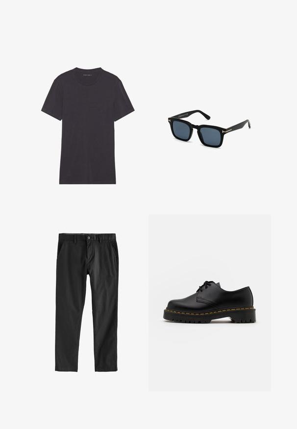 Tumma harmaa lyhythihainen t-paita pehmeästä ja sileästä kankaasta. Pyöreä kaula-aukko, jossa siistit saumat, ilman koristeita tai kuvioita.; Mustat housut, jotka on valmistettu sileästä kankaasta, ja niissä on nappikiinnitys, sivutaskut ja suora lahje. Ei näkyviä kuvioita tai tekstuureja.; Musta nahkainen nauhakenkä, jossa on pyöreä kärki, kuvioitu kumipohja ja keltaiset tikit ympäri pohjaa. Litteä muotoilu ja sileä pinta.; Mustat neliömäiset aurinkolasit tummilla linsseillä, mattapintaiset ja kultaiset metalliset yksityiskohdat temppeleissä, minimalistinen muotoilu.