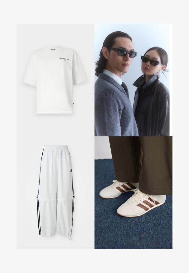 White cotton t-shirt with short sleeves, crew neck, and black "New Balance" logo on the chest. Loose fit and smooth texture.; White athletic pants with a relaxed fit, elastic waistband, and black side stripes. Features zipper pockets and elastic cuffs at the ankles.; White sneakers with brown stripes worn with brown pants on blue carpeted floor.; Sunglasses with angular black frames on model with a gray sweater, showcasing textured knit and a black leather jacket worn by another model.; White fabric shoulder bag with gathered texture, adjustable strap, and silver hardware. Displayed alongside a cream-colored dress.