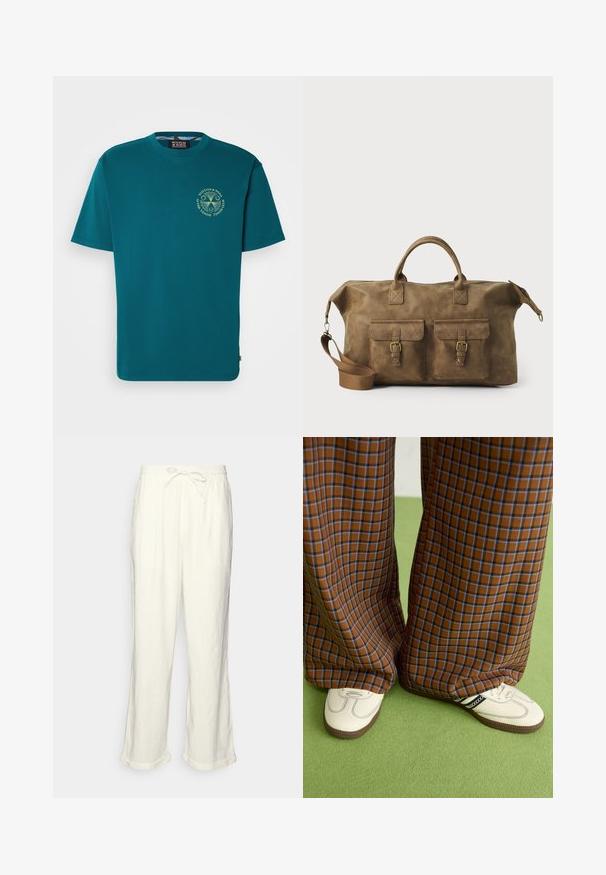 Turquoise cotton t-shirt with a crew neckline, short sleeves, and a circular logo in yellow-green on the chest. Smooth texture.; Linen trousers in off-white with a drawstring waistband, slightly wide legs, and rolled cuffs for a relaxed fit. No pockets.; Brown and blue plaid wide-leg trousers paired with white shoes featuring black accents and textured soles, set against a green background.; Brown leather duffel bag with two front pockets, adjustable shoulder strap, gold hardware, and sturdy top handles. Smooth texture.