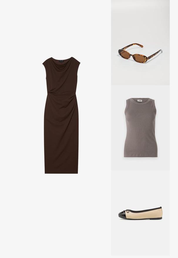 Szürke, bordás ujjatlan top, kerek nyakkivágással, puha, textúrált anyagból. Egyszerű, testhezálló sziluett.; Barna, térd aljáig érő ruha sima anyagból, drapírozott dekoltázzsal, kis ujjakkal és az egyik oldalon redőzött részletezéssel.; Bézs bőr ballet cipők, fényes fekete patent bőr orrborítással. Az elülső részen egy kis masni díszítéssel. Lapos talp.; Teknősbéka mintás napszemüveg ovális kerettel, barna lencsékkel és vékony fekete szárakkal, amelyek finom mintázott díszítésekkel rendelkeznek.; Barna bőrtáska sima felülettel, függőleges varrásokkal és két lapos füllel. Nyitott tetejű dizájn, tágas belső tér.