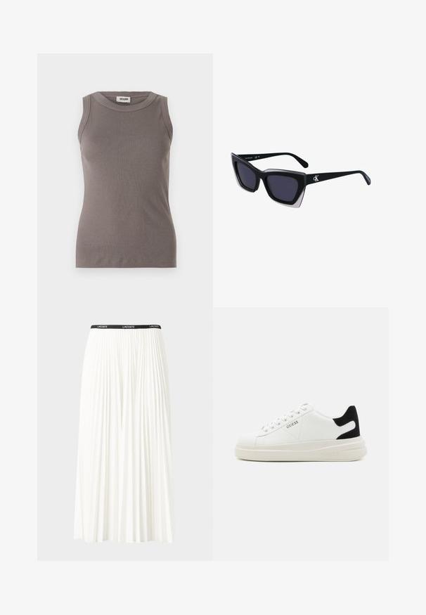 Hall sportsaaline hall riba tank top ümmarguse kaelusega ja ilma varrukateta, valmistatud pehmest tekstuuriga kangast. Lihtne, keha lähedane siluett.; Kurtitudega valge seelik musta elastse vööga, millel on "LACOSTE" logo. Keskmise pikkusega disain pehme tekstuuriga.; Valged nahast tennisetossud paksu valge tallaga, musta sametist kontsakeeuga ja külje peal riigilogo reljeefne kujundus. Lukkeskeem kuue silmaauguga.; Mustad suured mustad prillid geomeetrilise kujuga, tumedate läätsedega ja kontrastse halli detailiga raamidel. Logo käe peal.