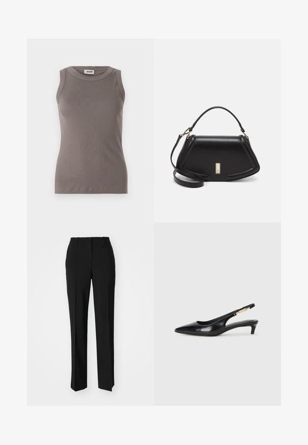 Gray ribbed tank top with a round neckline and sleeveless design, made from a soft, textured fabric. Simple, fitted silhouette.; Black tailored trousers with a straight-leg design, featuring a smooth texture and crisp creases along the front. No visible hardware.; Black leather slingback heels with a pointed toe, featuring a slim heel and a gold-tone accent on the adjustable strap. Smooth texture.; Black leather handbag with a structured design, featuring a cropped shape, top handle, and gold hardware accent. Adjustable shoulder strap included.