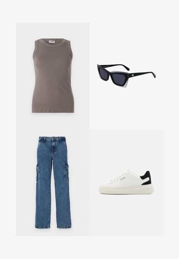 Šedý žebrovaný top bez rukávů s kulatým výstřihem, vyrobený z měkké, texturované tkaniny. Jednoduchý, přiléhavý silueta.; Modré denimové cargo kalhoty s uvolněným střihem, které mají dvě boční kapsy, zesílené švy a rovný střih nohavic.; Bílé kožené tenisky s tlustou bílou podrážkou, černým semišovým akcentem na patě a vyraženým logem na boku. Šněrovací design se šesti očka.; Černé oversized sluneční brýle geometrického tvaru, s tmavými skly a kontrastním šedým detailem na rámu. Logo na rameni.