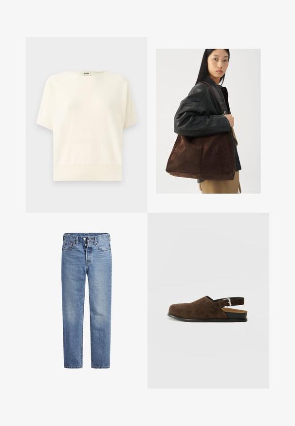 Romantop met korte mouwen in crème, met een ontspannen pasvorm, geribbelde zoom en ronde halslijn; gemaakt van zachte, lichte stof.; Lichtblauwe spijkerbroek met een rechte snit, vijf zakken en een knoopsluiting. Heeft subtiele vervaging en oranje stikselaccenten.; Bruin suède instapper met een lage hak, een verstelbare band met een zilveren gesp en een zwarte rubberen zool.; Bruine suède tote bag met een brede vorm en zachte textuur, voorzien van een enkele schouderband en minimale hardware tegen een neutrale achtergrond.