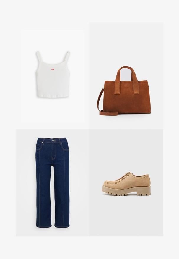 Hvit ribbestrikket tanktopp med tynne stropper, med en liten rød Levi's-logo på forsiden. Enkel, tettsittende design med rett kant.; Mørkeblå rette jeans med knappelukking, front- og baklommer, og synlig oransjefargede sømmer langs sømmene.; Beige mokkasinsko stoff med rund tå, snøring, og en tykk, strukturert gummisåle med dype spor for godt grep.; Farget brun semsket skinn veske med to håndtak på toppen og en justerbar skulderreim. Har en strukturert form og et minimalistisk design.