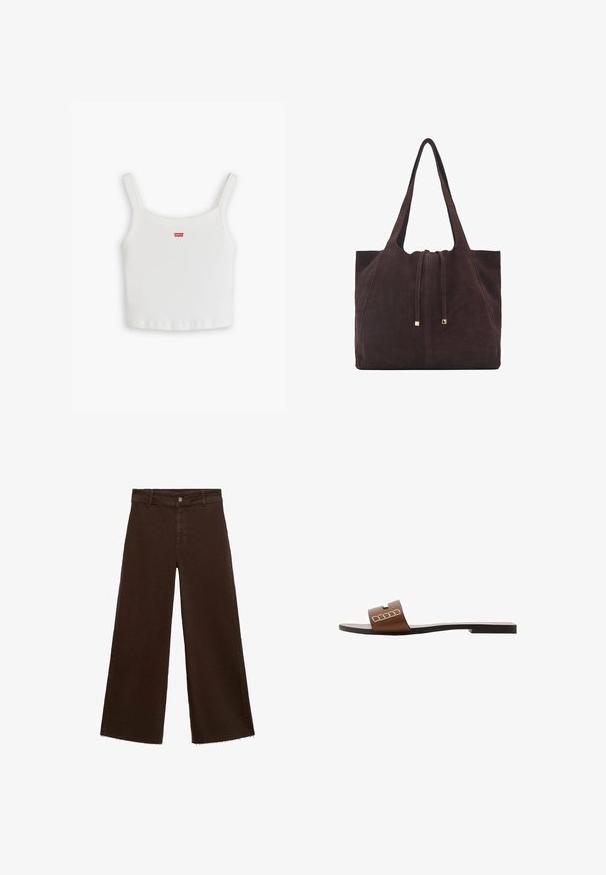 Biely rebrovaný top bez rukávov s tenkými ramienkami, na prednej strane s malým červeným logom Levi's. Jednoduchý, priliehavý dizajn s rovného lemovania.; Hnedé široké nohavice z bavlnenej zmesi, s roztrhnutým lemom, predným zapínaním na gombík a klasickým dizajnom s piatimi vreckami. Minimalistické a všestranné.; Hnedé kožené šľapky s plochou podrážkou, s širokým pásikom a bielymi geometrickými akcentmi pre minimalistický dizajn.; Mango Veľká kabelka - dark brown