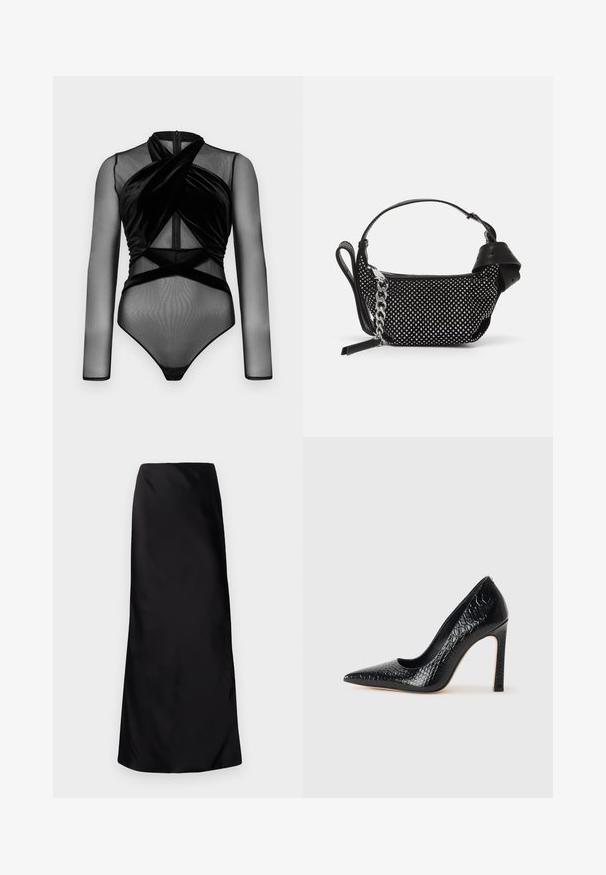 Schwarzer Bodysuit mit langen Netzärmeln, einer verdrehten Samtfront und einer figurbetonten Passform mit Druckknöpfen am Boden.; Norma Kamali BIAS OBIE SKIRT - Maxirock - black; Schwarzer, spitz zulaufender High Heel mit Krokodilleder-Struktur, elegantem Design, hohem Stiletto-Absatz und glattem schwarzen Innenraum.; Schwarze Handtasche mit texturiertem Design, verziert mit silbernen Nieten und einem klobigen silbernen Kettenriemen. Besitzt eine elegante, minimalistische Form.
