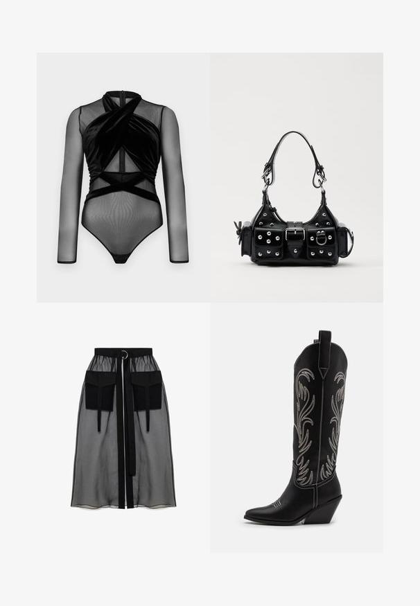 Černý body s dlouhými síťovanými rukávy, zkrouceným sametovým předním dílem a přiléhavým střihem se zapínáním na druky na spodní části.; Černá průhledná sukně s nařaseným pasem, která má dvě velké přední kapsy, páskový uzávěr a kulatý kovový akcent.; Černé kožené kovbojské boty s špičatými špičkami, podpatky ve tvaru klínu a stříbrně vyšívanými květinovými vzory po celé délce. Kontrastní prošívání po celém obvodu.; Černá kožená kabelka s křivkovým designem, zdobená stříbrnými hřebíky, s přezkou a dvěma bočními kapsami. Nastavitelný popruh pro různé možnosti nošení.