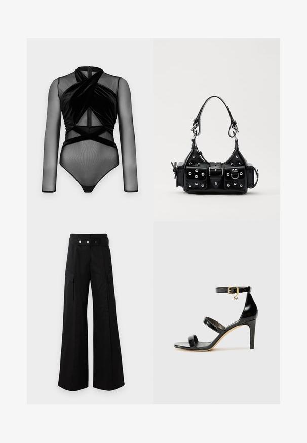 Černý body s dlouhými síťovanými rukávy, zkrouceným sametovým předním dílem a přiléhavým střihem se zapínáním na druky na spodní části.; Černé kalhoty s širokými nohavicemi a vysokým pasem, které mají velké boční kapsy, dva přední knoflíky a detail v podobě poutka. Vyrobeno z pevné látky.; Černé lakované kožené sandály se třemi pásky, sponou na kotníku a 10 cm jehlovým podpatkem. Obsahují zlaté kovové detaily a logo přívěsek.; Černá kožená kabelka s křivkovým designem, zdobená stříbrnými hřebíky, s přezkou a dvěma bočními kapsami. Nastavitelný popruh pro různé možnosti nošení.