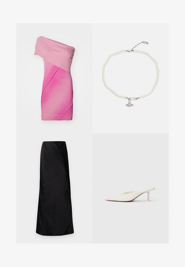 Rochie ajustată, cu umerii expuși, din material ribbed în nuanțe de roz gradient, având un design asimetric și detalii cu margini brute.; Norma Kamali BIAS OBIE SKIRT - Fustă maxi - black; Mule alb cu vârf ascuțit și toc stiletto mic. Fabricat din material neted, cu un design minimalist și detalii subtile pe talpa bej.; Colier din perle cu mărgele albe lucioase, având un charm în formă de agrafă de culoare argintie decorat cu strasuri clare. Închidere cu carabină.
