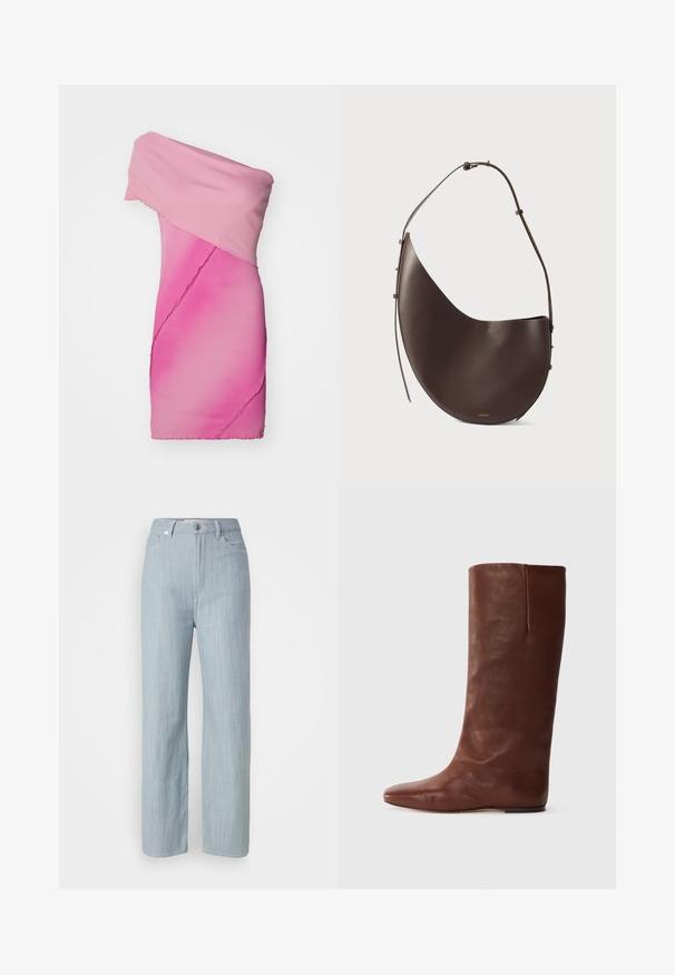 Fitted, off-shoulder dress in gradient pink ribbed fabric, featuring asymmetrical design and raw edge detailing.; Light blue straight-leg jeans made of denim. Features five pockets, a metal button closure, and subtle whiskering for texture.; Brown leather knee-high boot with a pointed toe and minimalistic design; smooth texture, no visible hardware or embellishments.; Brown leather handbag with a curved shape, single strap, and minimalistic design. Features a subtle logo and gold hardware accents.