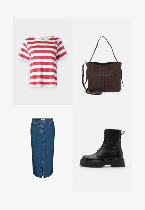 Sarkans un balts svītrains t-krekls ar īsām piedurknēm, apaļu apkakli un brīvu piegriezumu, izgatavots no mīkstas kokvilnas auduma.; Tumši zila denima zīda svārki ar priekšējo izgriezumu, piecām kabatām un kontrastējošām šuvēm. Vidēja augstuma jostasvieta ar klasisku dizainu.; Melni ādas potītēm zābaki ar apļveida purngalu, auklām priekšpusē un biezu gumijas zoli ar teksturētu protektoru. Velkšanas cilpa aizmugurē.; Brūns zamšādas roku soma ar mīkstu tekstūru, aprīkota ar vienu plecu siksnu un nelielu izliekta augšējā atvēruma dizainu. Nav redzamu metāla detaļu.