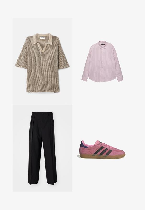 Beige neulepolo, jossa on V-pääntie, lyhyet hihat ja teksturoitu kuvio, jossa on vaaleampi värinen kaulus.; Vaaleanpunainen nappipaita, jossa on pystysuunnassa sinisiä raitoja, kauluspäällinen, pitkät hihat ja löysä istuvuus. Valmistettu sileästä kankaasta, jossa on hieno kiilto.; Mustat laskostetut housut, joissa on suora, leveä lahje. Valmistettu sileästä kankaasta, jossa on nappisuljenta ja vyölenkit.; Vaaleanpunaiset mokkanahkakengät mustilla raidoilla, kumipohjalla ja teksturoidulla purppurakorkealla. Varustettu nauhakiinnityksellä ja kohokuvioidulla brändäyksellä sivussa.