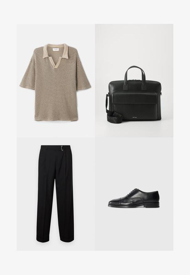 Beżowa dzianinowa koszulka polo z dekoltem w kształcie V, krótkimi rękawami i teksturowanym wzorem oraz jaśniejszym kołnierzykiem.; Czarne plisowane spodnie z prostą nogawką, z pętlą na pasek i metalową klamrą. Wykonane z gładkiego materiału o dopasowanym wykończeniu.; Czarne skórzane buty eleganckie z zaokrąglonym czubkiem, gładką powierzchnią, sznurowanym designem oraz subtelnym przeszyciem, wyposażone w niski, płaski obcas.; Czarna skórzana teczka z podwójnymi rączkami u góry, przednią kieszenią oraz odpinanym paskiem, z delikatnym logo na dole.