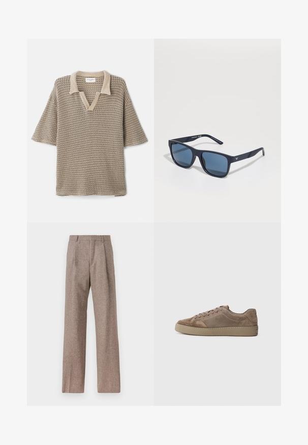 Beige neulepolo, jossa on V-pääntie, lyhyet hihat ja teksturoitu kuvio, jossa on vaaleampi värinen kaulus.; Ruskejat, korkeavyötäröiset housut, jotka on valmistettu teksturoidusta kankaasta. Ominaisuuksina ovat leveät lahkeet ja kaksi etupuolelle ommeltua laskosta rakenteen tukemiseksi. Siisti viimeistely ilman näkyvää metalliosaa.; Musta nahka näyttävät matalat tennarit litteällä kumipohjalla, nauhakiinnitys ja ompeluyksityiskohdat, esitetty sivulta yksinkertaisella taustalla.; Sinivihreät suorakulmaiset aurinkolasit tummilla linsseillä, matta merimintun kehys, logotieto temppeleissä, suorat varret ja kiinteä, sileä pinta.