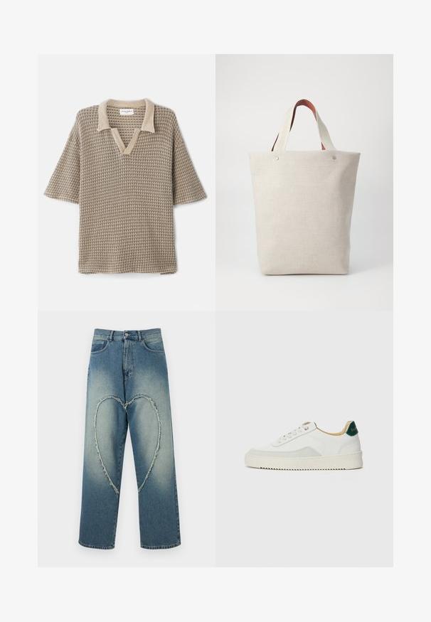Béžový pletený polo tričko s V-výstřihem, krátkými rukávy a texturovaným vzorem s límečkem v světlejší barvě.; Modré džíny z denimu s designem na přední straně ve tvaru srdce a s trháním, rovný střih nohavic a mírně opraný vzhled.; Bílé tenisky se semišovými prvky, kulatou špičkou, plochými tkaničkami a krémovou gumovou podrážkou. Na patě mají zelené logo.; Tote taška ze světle béžové látky s texturovaným povrchem, která má dvě kontrastní hnědé kožené ucha a kovové detaily nahoře.