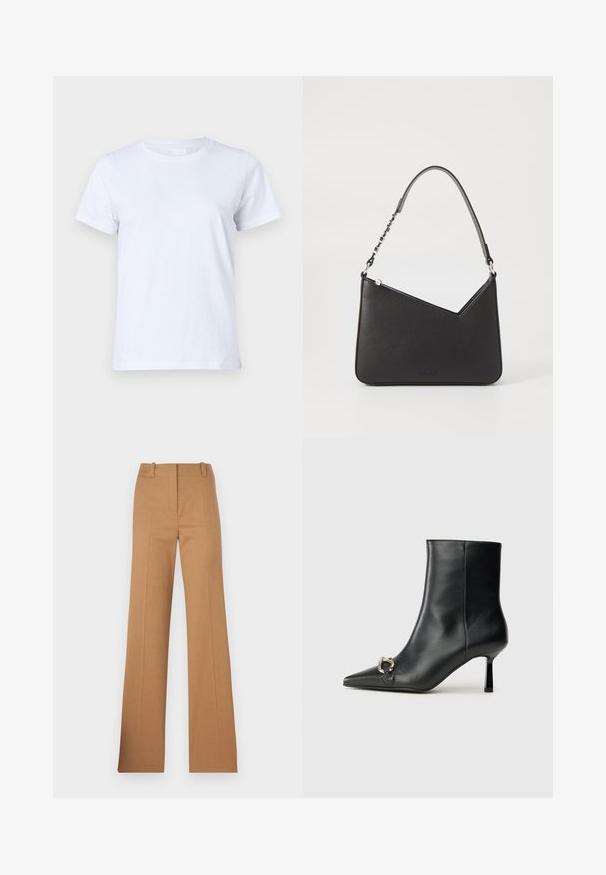 Biely bavlnený tričko, krátke rukávy, klasický strih s okrúhlym výstrihom, hladká textúra bez vzorov alebo akcentov, štandardný strih, jednoduché a univerzálne.; HUGO HULANA - Nohavice chinos - open brown; Čierna kožená členková obuv s špicatou špičkou, štíhlým stredne vysokým podpätkom a striebornou sponou na boku na jednoduchom pozadí.; Čierna kožená kabelka trojuholníkového tvaru so štíhlym popruhom a striebornými kovovými prvkami. Obsahuje zips na uzatváranie a embosované logo na prednej strane.