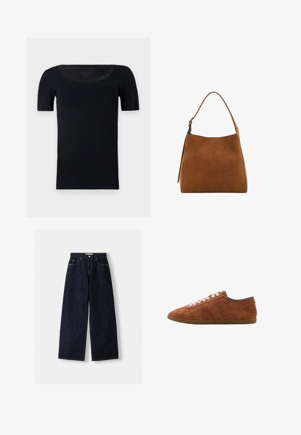 Čierne tričko s krátkym rukávom vyrobené z jemnej bavlny. Má široký výstrih a priliehavý strih s hladkou textúrou a bez viditeľných vzorov.; Modrá a biela pruhovaná košeľa s dlhým rukávom, zapínaním na gombíky, s rozšíreným golierom, prispôsobeným strihom a zakriveným lemom. Textúrovaný bavlnený materiál.; Tmavomodré denimové nohavice s širokými nohavicami a vysokým pásom, s piatimi vreckami, kontrastným prešívaním a striebornými kovovými doplnkami. Hladká textúra a čisté prevedenie.; Hnedé semišové tenisky s bielymi šnúrkami, zaoblenou špičkou a textúrovanými detailmi. Majú nízky profil a gumovú podrážku s hladkým povrchom.; Hnedá semišová taška cez rameno s zakriveným vrchom, jedným popruhom a hladkou textúrou. Disponuje minimalistickým dizajnom a čistými líniami.
