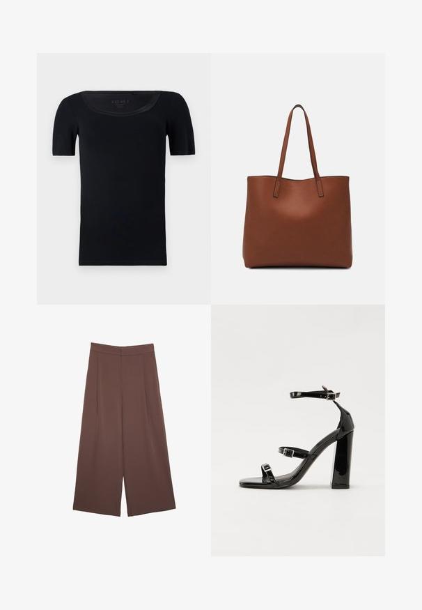 Czarna koszulka z krótkim rękawem wykonana z miękkiej bawełny. Posiada szeroki dekolt i dopasowany krój, z gładką fakturą i bez widocznych wzorów.; Brązowe spodnie o szerokich nogawkach z gładką fakturą, z wysokim stanem i plisami z przodu. Materiał jest lekki i luźno opada.; Czarne lakierowane sandały na obcasie z kwadratowym noskiem, z paskami wokół kostki i srebrnymi klamrami. Posiadają masywny słupek dla stabilności.; Brązowa skórzana torba tote o gładkiej fakturze, z otwartym wierzchem i dwoma ramiączkami. Charakteryzuje się minimalnym przeszyciem i brakiem widocznych elementów metalowych.