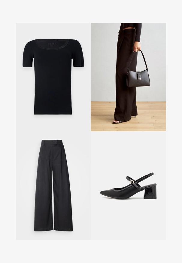 Melns īsām piedurknēm T-krekls, kas izgatavots no mīksta kokvilnas. Tam ir plaša apkakle un cieši piegriezts dizains ar gludu tekstūru un bez redzamām rakstām.; Tumši, plataji svārki ar strukturētu jostas daļu un krokām. Izgatavoti no viegla auduma, ar gludu tekstūru un bez redzamām rakstu zīmēm.; Melns patentēts ādas sandales ar norādīta pirksta formu, noapaļotu izgriezuma dizainu un bloķētu papēdi. Iezīmēta ar zelta toņa sprādzi.; Melnā somiņa ar strukturētu formu, gludu tekstūru un metālu sprādzi. Saskaņota ar platām melnām biksēm un sandālēm ar atvērtu purngalu uz koka grīdas.