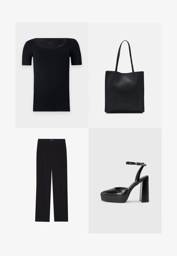 Čierne tričko s krátkym rukávom vyrobené z jemnej bavlny. Má široký výstrih a priliehavý strih s hladkou textúrou a bez viditeľných vzorov.; Čierne kordové nohavice so rovný strihom, s plochým pásom a bez viditeľných vreciek, hladkou textúrou a podrobnosťou vertikálneho ryhovania.; Čierne platformové podpätky so špicatou špičkou a nastaviteľným členkovým remienkom. Vyrobené z hladkej kože a so robustným blokovým podpätkom.; Čierna kožená taška na rameno s hladkým povrchom, obdĺžnikovým tvarom a dvoma dlhými uchami. Bez viditeľného kovania alebo ozdôb.