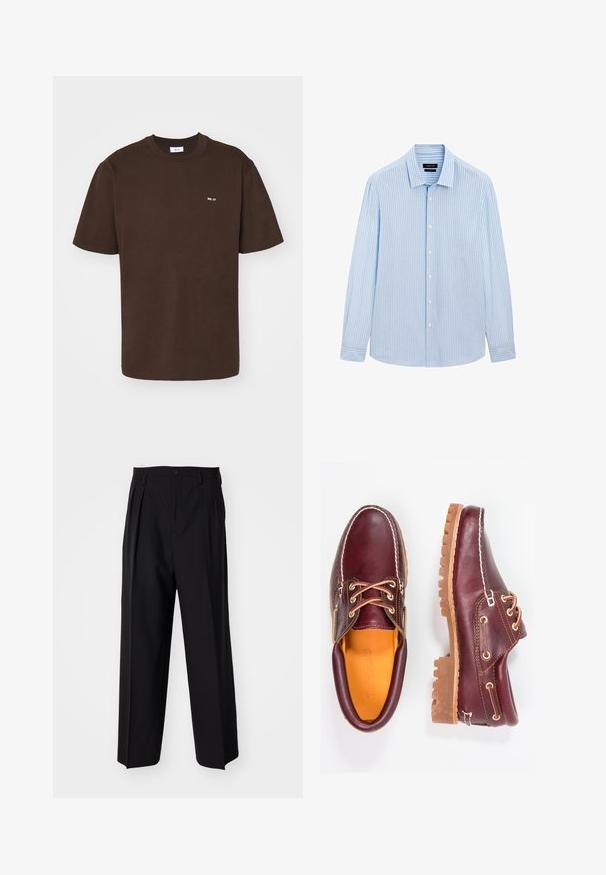 NN.07 ADAM EMB - T-shirt basic - brown; Camicia azzurra chiara con righe bianche verticali, maniche lunghe, colletto e orlo dritto. Tessuto in misto cotone.; Pantaloni neri a pieghe con un design dritto e gamba larga. Realizzati in tessuto morbido, con chiusura a bottone e passanti per cintura.; Scarpe in pelle bordeaux con suole in gomma marrone, punta rotonda, cuciture bianche e occhielli dorati. L'interno presenta un rivestimento giallo.