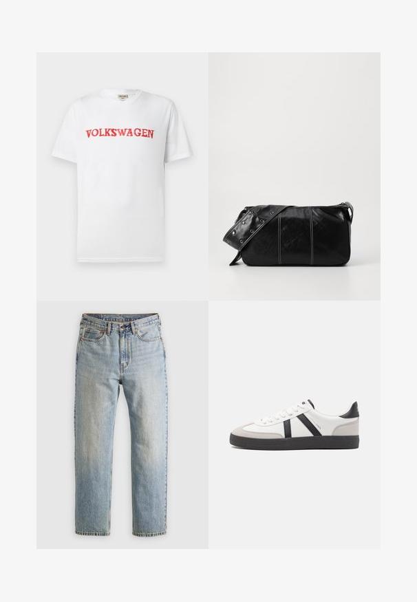 Valge lühikeste varrukatega T-särk, millel on punane "VOLKSWAGEN" logo, kirjutatud julge, veidi kulunud fondiga rinnaosas. Puuvillane materjal.; Heledad hele sinine teksapükste kõrge vöökoht, ees nupuga, lukuga ja viie taskuga disain, asetatud tasasele neutraalsele taustale.; Valged tossud mustade ja hallide aktsentidega, tekstureeritud halli varbakattega, musta kummitald ja lamedad valged paelad. Puhtad jooned, minimalistlik stiil.; Must mustra nahkainine õlakott, millel on tõmblukk, tekstureeritud pind, valged õmblused ja rihm hõbedaste rõngastega.