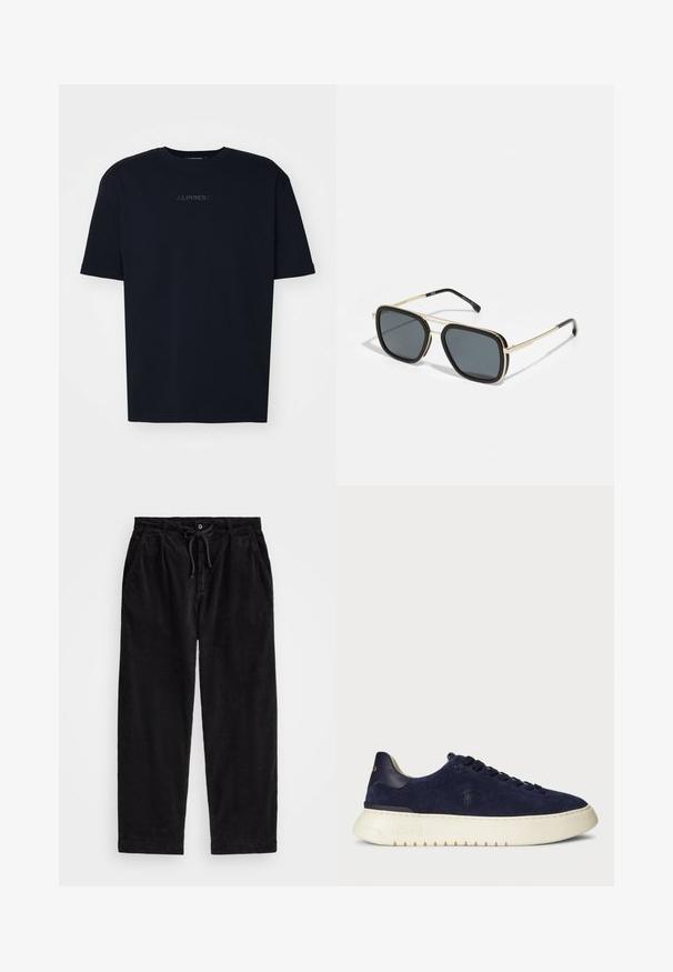 Μαύρη βαμβακερή μπλούζα με κοντά μανίκια, με ένα διακριτικό λογότυπο σε ελαφρώς πιο σκούρο τόνο στο στήθος, μονοχρωμία, casual γραμμή.; Μαύρο παντελόνι κοτλέ με άνετη εφαρμογή, διαθέτοντας ελαστική μέση με κορδόνι και πλαϊνές τσέπες. Ουσιαστικά, το ύφασμα έχει ριγωτή υφή.; Ναυτικό σουέτ χαμηλό αθλητικό παπούτσι με υφή, καουτσούκ σόλα και τονικές κορδόνες, που διαθέτει ένα μικρό λογότυπο στο πλάι και στην φτέρνα.; Μαύρα και χρυσά γυαλιά ηλίου με τετράγωνη μορφή, μεταλλικό σκελετό, σκούρους γκρι φακούς και μαύρες άκρες βραχιόνων. Διαθέτει σχέδιο διπλής γέφυρας.