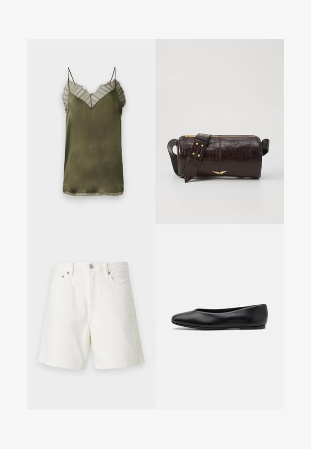 Svetlozelena satinasta majica na bretelice s V-izrezom, koja ima prozirni prugasti sloj na vrhu i delikatne raskošne ivice duž izreza.; Beli džins kratke hlače s ravnim krojem, pet žepnim oblikovanjem, sprednjim gumbom za zapiranje, srebrnimi dodatki in vticami.; Paul Smith TOPANGA - Balerinke - black; Brah blaženka iz rjavega usnja z embosiranim krokodilom, cilindrične oblike, zlatih kovinskih elementov in odstranljivim pasom, ki vsebuje žebljičke.