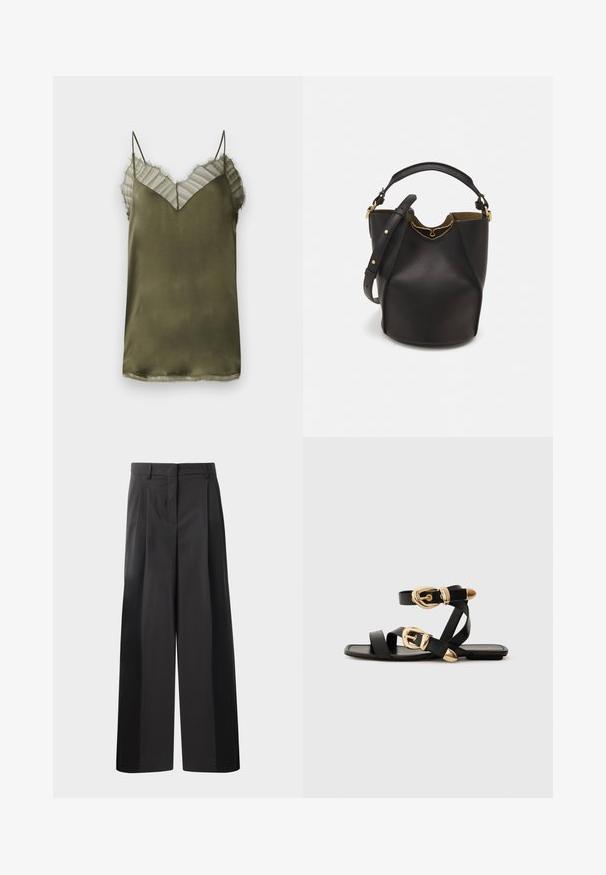 Olivovo zelená saténová košieľka s výstrihom do V, s priesvitným pruhovaným prekrývaním na vrchu a jemne rozstrapkanými okrajmi pozdĺž výstrihu.; Čierne široké nohavice s vysokým pásom, so záhybmi vpredu, hladkou textúrou a prispôsobeným strihom. Navrhnuté pre uvoľnený strih.; Čierne kožené sandále so zlatými prackami, s viacerými pásikmi a plochou podrážkou pre otvorené nosenie.; Čierna kožená vedro taška s textúrovaným povrchom, zlatými kovovými detailami a otvoreným vrcholom. Obsahuje krátku rukoväť a nastaviteľný ramenný popruh.