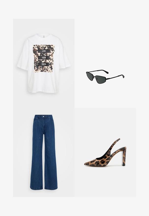 Witte oversized T-shirt met korte mouwen, voorzien van een bruin en zwart abstract patroon en de tekst "LEEF JE WAARHEID" in vetgedrukte zwarte blokken.; Blauwe denim jeans met wijde pijpen en een hoge taille, voorzien van een knoop- en ritssluiting aan de voorkant, en voor- en achterzakken op een effen achtergrond.; Leopardprint slingback pump met een spitse neus en een transparante blokhak. Gemaakt van glanzend materiaal met een gladde textuur.; Zwarte metalen zonnebril met hoekige frames en donkere lenzen. Beschikt over dunne, rechte armen en neussteunen voor een veilige pasvorm.