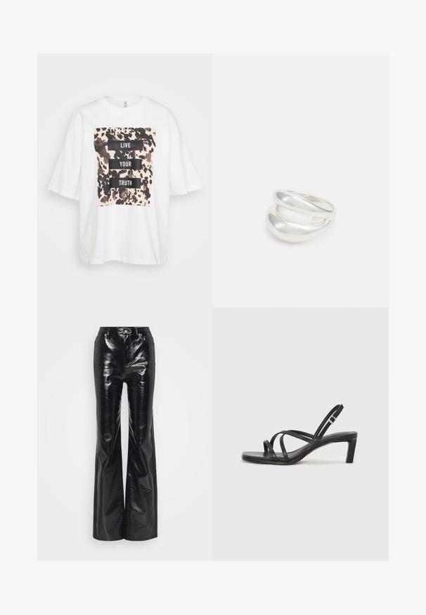 White oversized T-shirt with short sleeves, featuring a brown and black abstract pattern and text "LIVE YOUR TRUTH" in bold black blocks.; Black faux leather flared pants with a shiny finish, featuring a high waist, front pockets, and silver hardware accents.; Black strappy sandal with a square toe and a low block heel. Features multiple thin straps and an adjustable ankle strap. Made of smooth leather.; Silver double-band ring with a smooth, polished surface. Features a fluid, curved design with overlapping sections for a modern look.