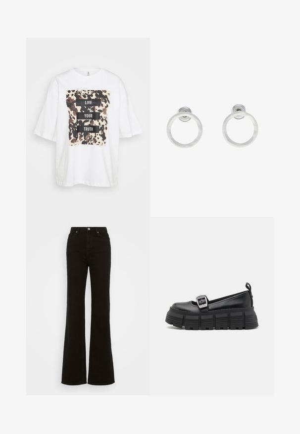 Valkoinen liioiteltu T-paita lyhyillä hihoilla, jossa on ruskea ja musta abstrakti kuvio sekä teksti "ELÄ OMA TOTUUTESI" paksuilla mustilla kirjaimilla.; Korkeavyötäröiset mustat leveälahkeiset farkut, jotka on valmistettu denimistä. Farkuissa on nappikiinnitys, sivutaskut ja sileä pinta.; Musta korokepohjainen loaferit pyöristetyllä kärjellä, sileä nahkapinta, säädettävä solki ja karkea kumipohja, jossa on vaakasuorat urat.; Hopeista valmistetut korvakorut, joissa on harjattu pinta, ympyrän muotoinen muotoilu ja kirkas varsi takana, joka takaa turvallisen käytön.