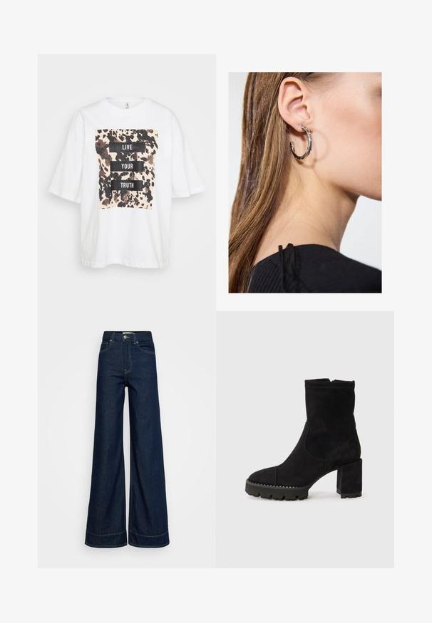 Camiseta oversized blanca de manga corta, con un patrón abstracto en marrón y negro y el texto "VIVE TU VERDAD" en bloques negros en negrita.; Jeans oscuros de tiro alto y perneras anchas con bolsillos frontales, pasadores de cinturón, cierre de botón y costuras visibles sobre un fondo blanco.; Botas de tobillo negras de ante con punta cuadrada, tacón grueso y suela de goma texturizada con acentos en zigzag. Acabado suave.; Pendiente de aro de plata con un acabado pulido, que presenta pequeños detalles en dorado y una forma redonda, llevado en el lóbulo.