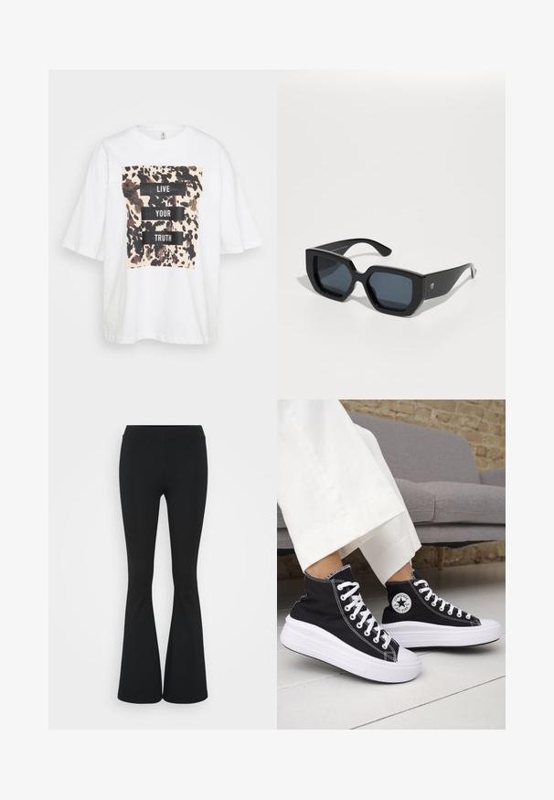 Hvid oversized T-shirt med korte ærmer, prydet med et brunt og sort abstrakt mønster samt teksten "LEV DIN SANDHED" i fede sorte bogstaver.; Sorte flagrende bukser lavet af strækbart stof, med en høj talje og en glat tekstur. Bukserne flared fra knæet.; Sorte sneakers med højt skaft, hvide gummisåler og snørebånd. Har en rund logo-patch og kontrasterende hvide syninger. Fremstillet af lærredsmateriale.; Store solbriller i sort med et geometrisk design, rektangulære linser og blank overflade. Ingen synlig branding foran.; Guldøreringe med en glat, rundet design. Har en lille hængselåbning, letvægtigt udseende og en poleret overflade.