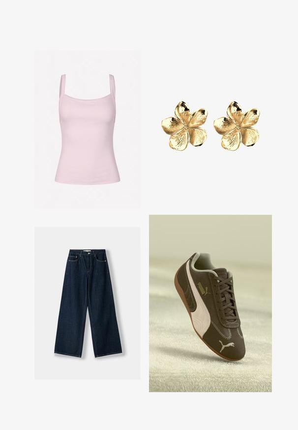 Top in magenta con righe, dotato di spalline sottili, con una vestibilità aderente e una consistenza liscia, ideale per essere indossato a strati o per un look casual.; Jeans larghi blu scuro in denim. Presentano cinque tasche, una chiusura con bottone e cerniera, e dettagli di cuciture a contrasto.; Sneaker Puma marrone con striscia e logo beige, allacciato, poggiato su una superficie beige testurizzata.; Orecchini a forma di fiore in oro con petali testurizzati, caratterizzati da una finitura lucida e un design a cinque petali. Accessorio leggero ed elegante.