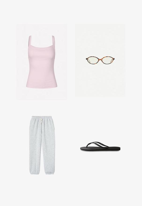Light pink ribbed tank top with thin straps, featuring a fitted design and smooth texture, suitable for layering or casual wear.; Gray sweatpants made of soft fabric, featuring an elastic waistband with a drawstring, and elastic cuffs at the ankles.; Black flip-flop featuring a textured rubber sole, two slender straps, and a subtle, embossed logo detail on the strap.; Tortoiseshell eyeglasses with oval lenses and a sleek, smooth finish. Features thin sides with a subtle curve at the temples. Clear lenses.