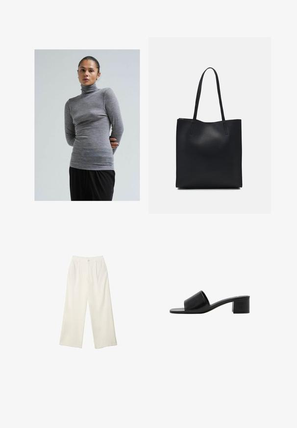 Grijze lange mouw turtleneck top van een zachte, gestructureerde stof, met een getailleerde snit en subtiele horizontale strepen. Gecombineerd met zwarte broek.; Brede broekspijpen in crème stof met een gladde textuur, voorzien van een enkele frontknop, subtiele plooien en een hoge taille.; Zwarte leren open teen slide sandaal met een brede band en een stevige blokhak. Kenmerkt zich door een soepele textuur en een minimalistisch design.; Zwarte leren handtas met een gladde textuur, rechthoekige vorm en twee lange handvaten. Geen zichtbare hardware of versieringen.