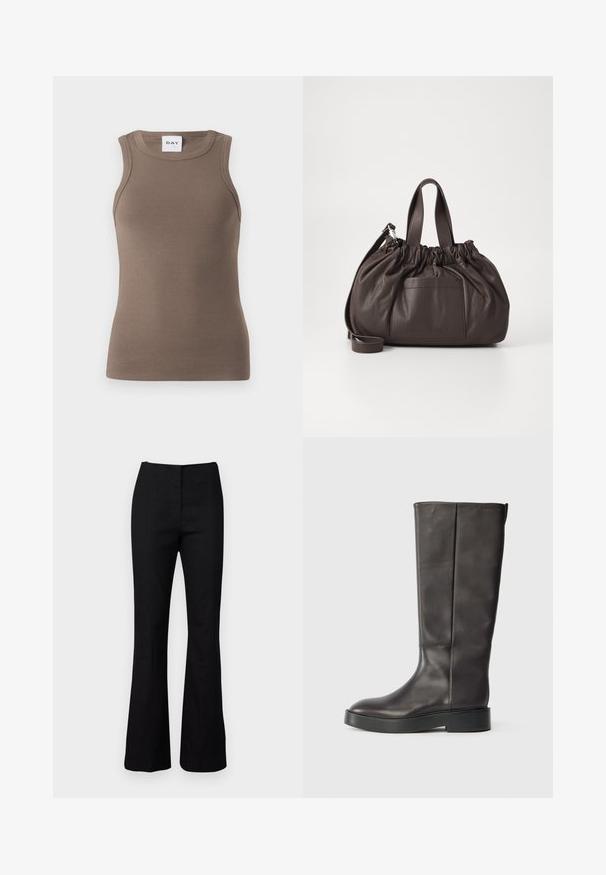 Hnědý žebrovaný top bez rukávů s fitted designem, kulatým výstřihem. Na štítku je uvedeno "DAY".; Černé zvonové kalhoty s hladkou texturou a přizpůsobeným střihem. Mají vysoký pas a minimalistický design. Bez viditelných vzorů nebo kovových detailů.; Černé kožené vysoké boty až ke kolenům s silnou podrážkou a diskrétním logem Calvin Klein blízko horního okraje, zobrazené ze strany.; Samsøe Samsøe SAEMMI MIDI BAG - Kabelka - dark brown