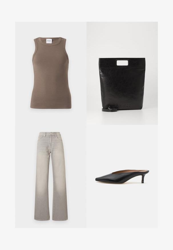 Brown ribbed tank top with a fitted design, round neckline, and sleeveless style. Label reads "DAY" at the top.; Gray wide-leg jeans with a faded finish, button closure, five-pocket design, and stitched detailing along the seams.; Black leather mules with a pointed toe and low, block heel. Smooth texture with a sleek design. Open back with minimal detailing.; Black leather tote bag with a square handle, featuring a textured finish and embossed logo. Includes a detachable strap.