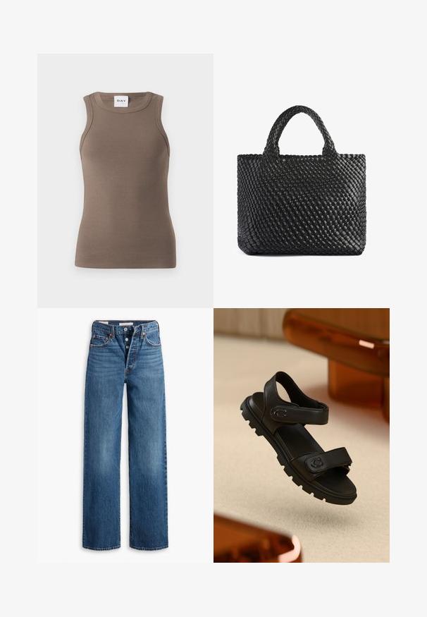 Rjava rebrasta majica brez rokavov z oprijetim krojem in okroglim izrezom. Oznaka na vrhu pravi "DAY".; Modri traper hlače širokega kroja, s petimi žepi, gumbnim zapiranjem in kontrastnim šivanjem. Tekstilirana tkanina z utrujenim koncem.; Črne usnjene sandale z dvema nastavljivima trakoma, teksturirano podplat in drzen, robusten dizajn. Imajo logo akcent na traku.; Črna tkaninasta torba s two ročaji, ki ima teksturirano površino in pravokotno obliko. Preprost, edinstven dizajn brez vidne opreme.