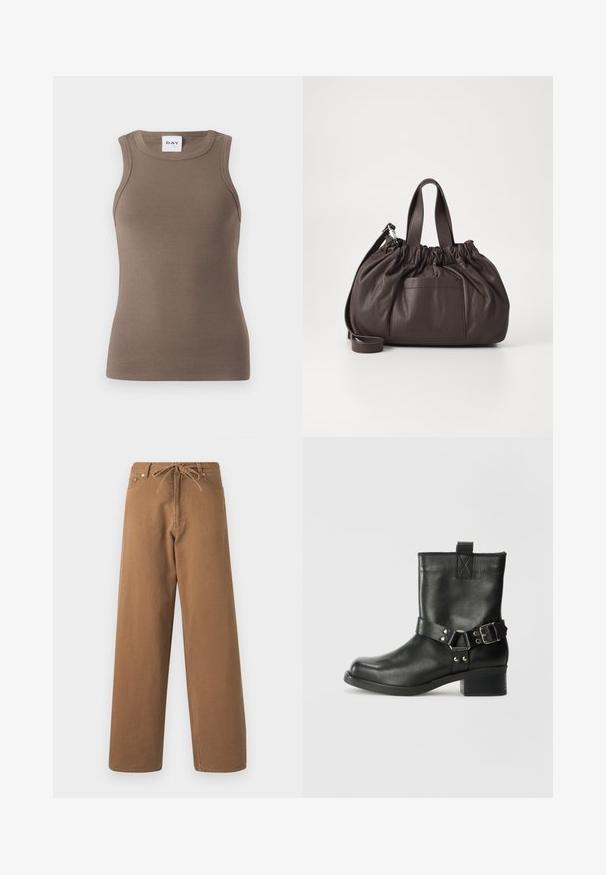 Bruine geribbelde tanktop met een aansluitend ontwerp, ronde halslijn en mouwloze stijl. Het label leest "DAY" aan de bovenkant.; Paarse wijde broek gemaakt van katoen, met een verstelbare tailleband en twee voorzakken. Geweven stof met een gladde afwerking.; Samsøe Samsøe SABRENTA - Cowboy-/Bikerlaarsjes - black; Samsøe Samsøe SAEMMI MIDI BAG - Handtas - dark brown