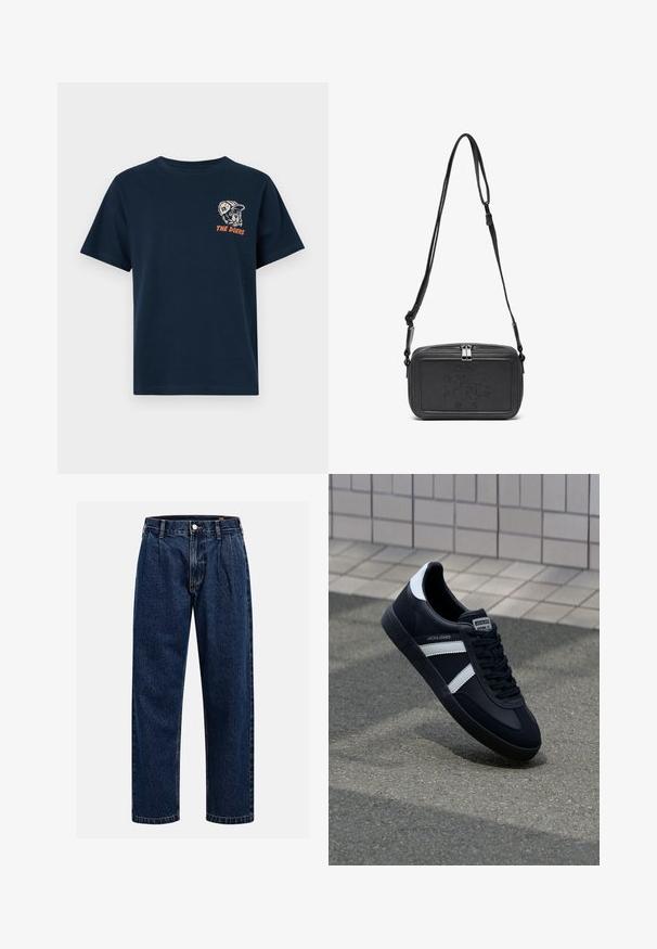 Marineblå bomulds t-shirt med rund hals. Har en broderet grafik af en hund, der bærer en cap, samt teksten "THE DOERS" i orange.; Mørkeblå denimjeans med lige ben-design. Har synlige syninger, en knaplukning og frontfoldninger for ekstra detalje.; Sort lædersneaker med hvide striber, tekstureret gummisål og snørrebånd foran. Har et brandet mærke på tungen.; Sort læder crossover taske med lynlåslukning, præget logo på fronten og justerbar rem. Glat tekstur med rektangulær form.