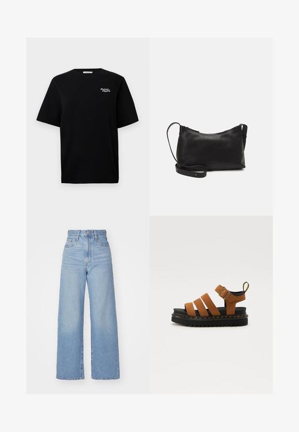 Fekete rövid ujjú póló kerek nyakkal, a bal felső mellrészen kisméretű fehér "Maison Kitsuné" logóval.; Világoskék, magas derekú, bő szárú farmernadrág, elülső gombbal és cipzárral, elülső és hátsó zsebekkel, fehér háttérrel.; Barna bőr szandálok három széles pánttal, fekete talppal és sárga varrással, csattal és húzófüllel a saroknál.; Fekete bőr válltáska sima felülettel, ívelt formával, állítható pánttal és cipzáras záródással. Minimalista dizájn díszítmények nélkül.