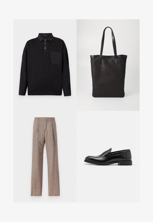 Polo din bumbac negru cu mânecă lungă, guler cu nasturi, buzunar pe piept și logo-ul subtil "Les Benjamins" în partea stângă a pieptului.; Pantaloni bej, cu talie înaltă, dintr-un material texturat. Prezintă picioare late și două pliseuri frontale pentru structură. Finisaj îngrijit, fără accesorii vizibile.; Mocasini din piele neagră cu o textură netedă, vârf rotund și o curea decorativă peste partea superioară. Toc mic, design minimalist.; Geantă de umăr din pânză neagră cu mânere din piele neagră. Design simplu, corp spațios și textură netedă. Fără logo-uri sau modele vizibile.