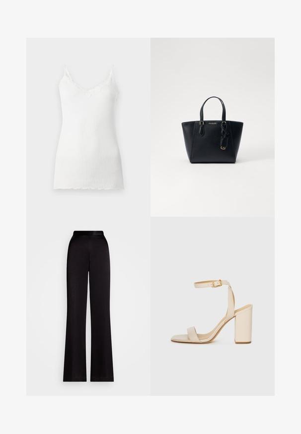 Weiße gerippte Spaghettitop mit Spitzenbesatz entlang des V-Ausschnitts und Spaghettiträgern. Der Stoff wirkt weich und leicht.; Schwarze Schlaghosen aus glattem Stoff, mit hohem Taillenbund und durchgehender Länge. Keine sichtbaren Muster oder Akzente.; Beige High Heel Sandale mit quadratischer Zehenform, dünnem Knöchelriemen und Blockabsatz. Glatte Lederstruktur mit goldener Schnallendetail.; Schwarze Leder-Handtasche mit strukturierter Form, kurzen Doppelgriffen, goldfarbenen Beschlägen und einem seitlichen Anhänger. Glatte, strukturierte Oberfläche.