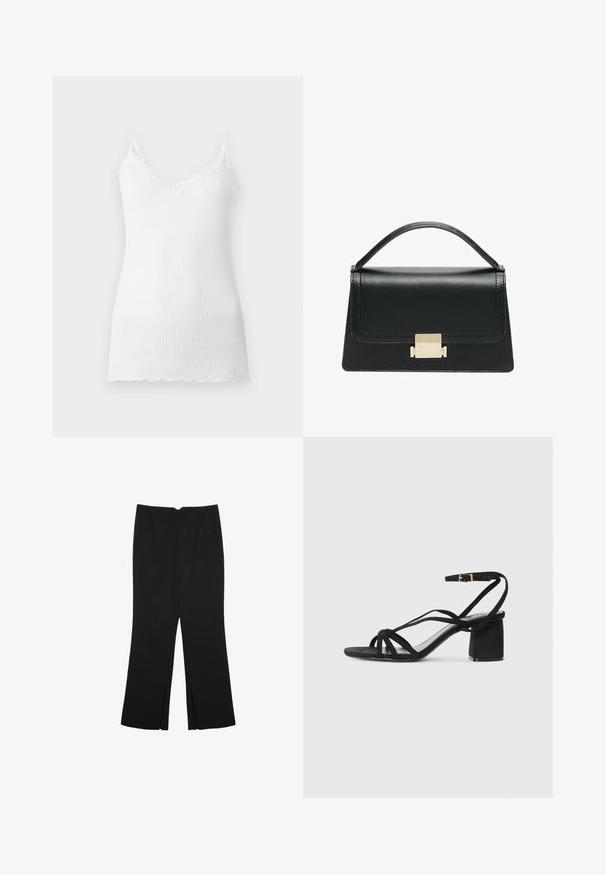 Bela rebrasta majica bez rukava z čipkastim robom ob v-izrezu in z naramnicami na spagu. Tkanina se zdi mehka in lahka.; Črne hlače ravnega kroja z naglavnimi žepi in stranskimi razporki na robu. Narejene iz mehke, gladke tkanine. Primerne za različne priložnosti.; Črne semiš sandle z blok peto, ki imajo več trakov in zaponko okoli gležnja. Gladek podplat in minimalističen dizajn.; Črna usnjena torbica z strukturiranim dizajnom, zgornjim ročajem in zlate kovinske sponke na sprednji strani. Gladka tekstura, minimalno šivanje.