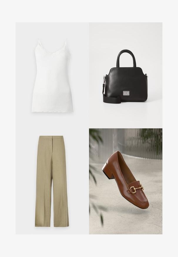 Cămașă albă cu dantelă la decolteu în formă de V și bretele subțiri. Materialul pare moale și ușor.; Pantaloni largi de culoare verde deschis, confecționați din in. Prezintă un talie înaltă și un design frontal curat, cu o pliu simplu.; Mocasini din piele patent cafenie, cu vârf pătrat, accent cu lanț metalic și toc mic; textură netedă, design minimalist.; Geantă sintetică neagră cu mânere superioare, curea de umăr detașabilă, formă rotundă, textură netedă și accent cu logo argintiu pe față.