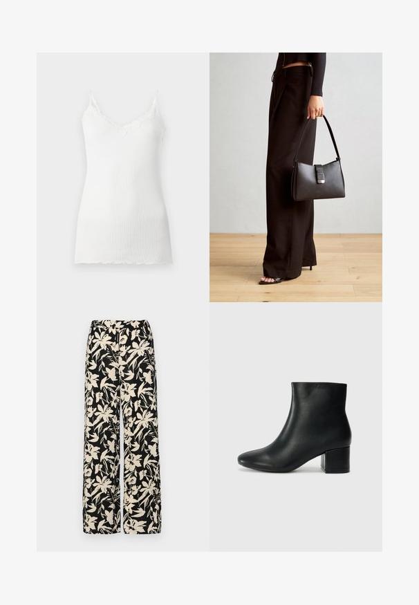 Camisole blanche côtelée avec une bordure en dentelle le long de l'encolure en V et des bretelles spaghetti. Le tissu semble doux et léger.; Pantalon large noir avec un motif floral crème. Fabriqué en tissu léger, il présente une texture lisse et une taille haute.; Bottines en cuir noir avec un bout pointu et un talon épais. Texture lisse avec des accents minimalistes et un design élégant et ajusté.; Sac à main noir à la forme structurée, texture lisse et fermoir métallique. Associé à un pantalon noir ample et des sandales ouvertes sur un sol en bois.